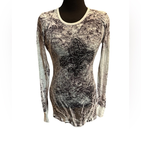 PARTY Sheer Women’s Fleur De Lis Rhinestone Burnout Long Sleeve Top Goth Concert - Picture 3 of 17